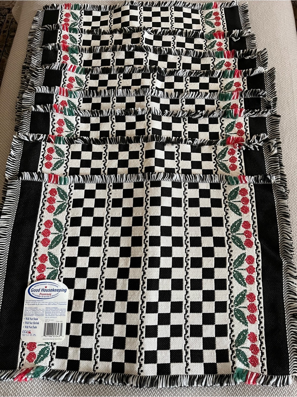 Vintage Natural & Black Check & Cherries Woven Place Mats Set of 8
